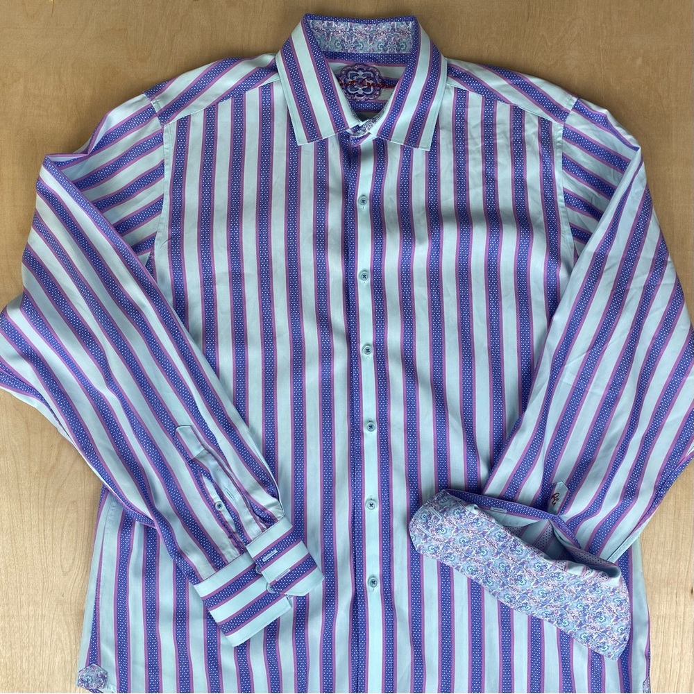 Robert Graham Mens Large Classic Fit Shirt Striped Paisley Flip Cuff